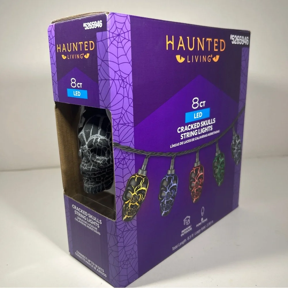 Halloween Gemmy Haunted Living 8 ct Cracked Skull String Lights Multicolored